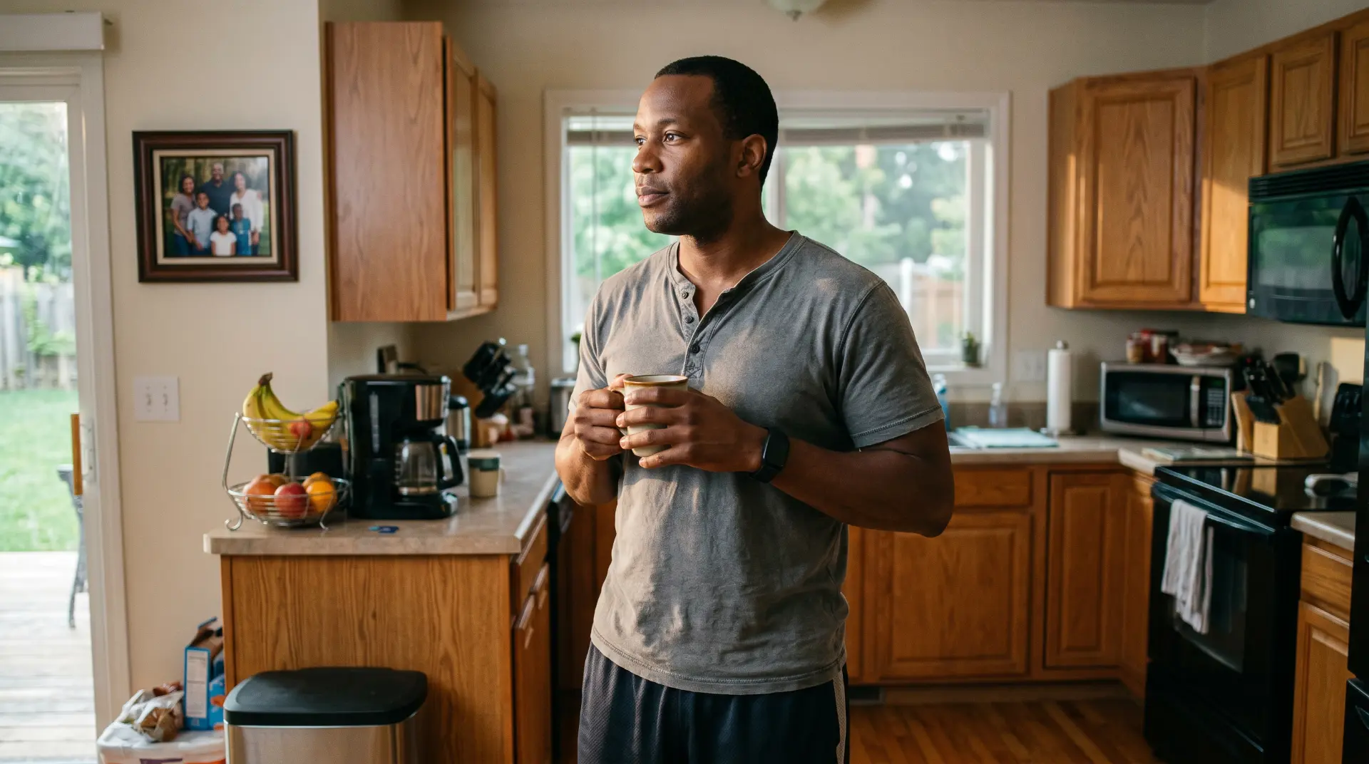 Man standing in his kitchen holding a coffee mug, wearing the Optimus OS band