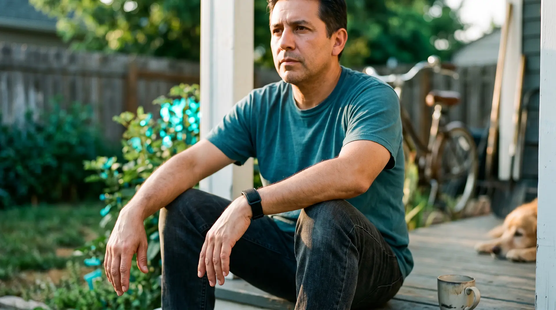 Veteran sitting on his back porch wearing the Optimus OS band