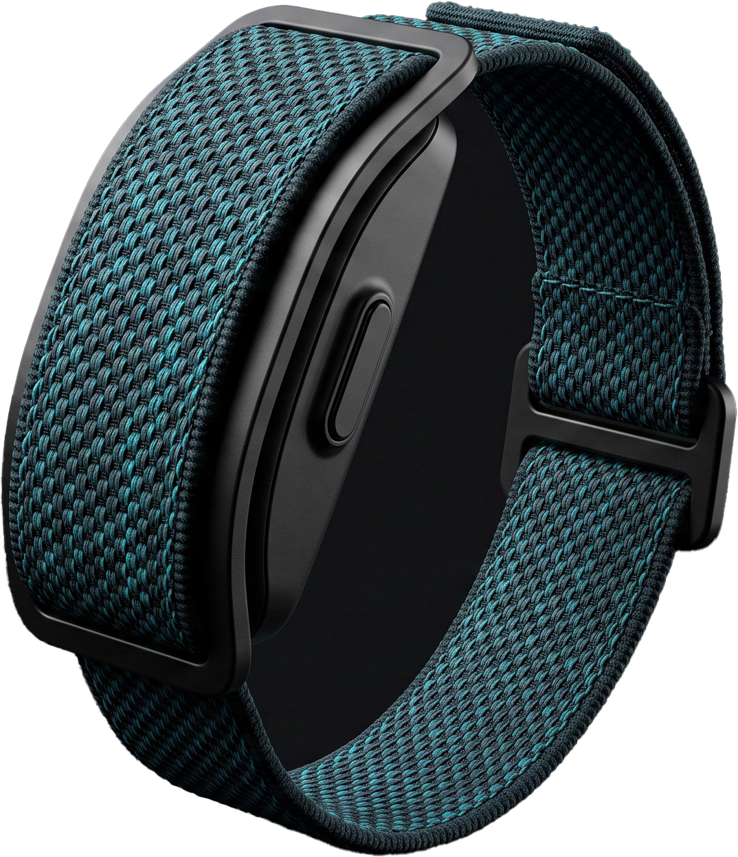 The Optimus OS band, a black wearable with a teal woven strap